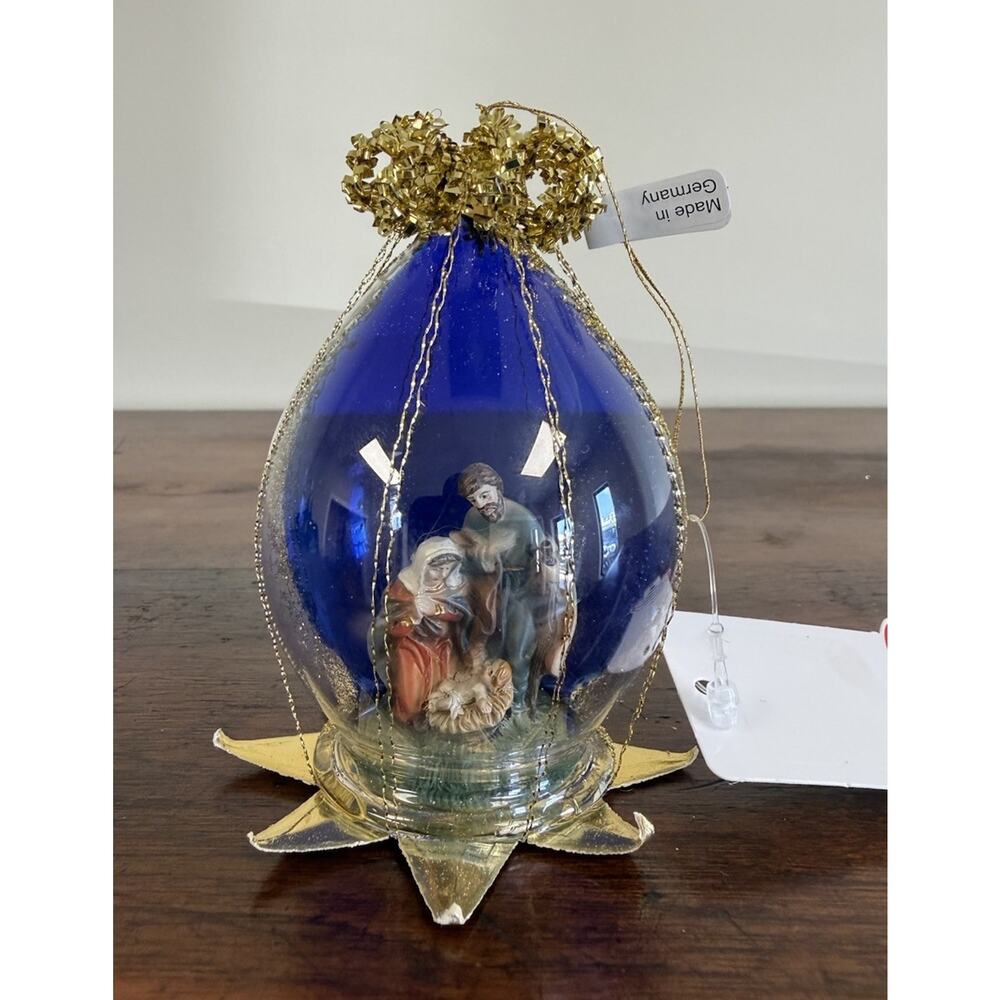 Vintage Glass Nativity Globe Ornament Blue Gold Made in Germany Bronner’s 3.5”